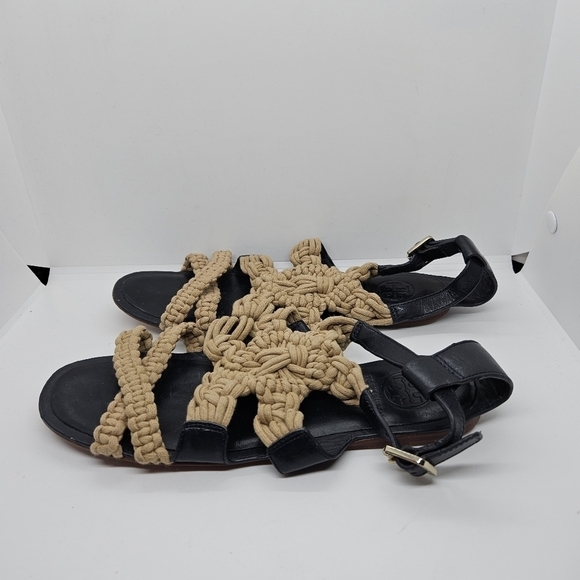 Tory Burch black leather and tan macrame Fleur flat sandals 8.5M - Picture 2 of 9